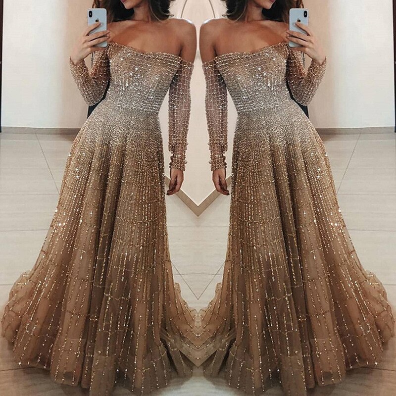 Sexy galajurken met gouden pailletten, boothals, lange mouwen, formele feestdagen, afstudeerkleding, feestjurken, a-lijn, ysan 803