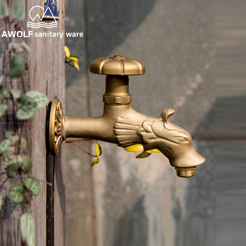 Robinet de jardin en plein air | Vadrouille à extension, robinet de piscine, robinet de campagne Antique en forme de Dragon, Art eau froide, robinet de lave-linge mural AF6143