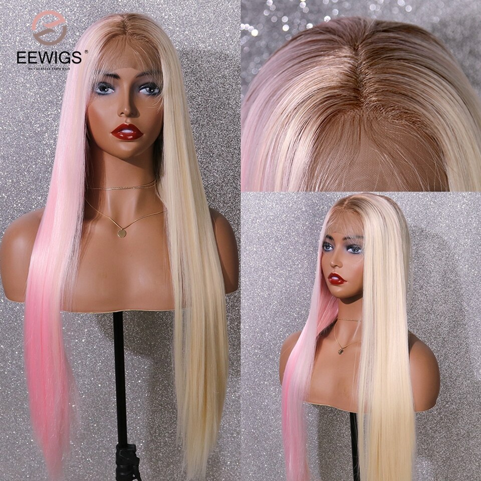 Eewigs halvrosa halvblond syntetisk blonder foran parykk lang rett varmebestandig parykk med brune røtter ombre parykker for kvinner: 26 tommer
