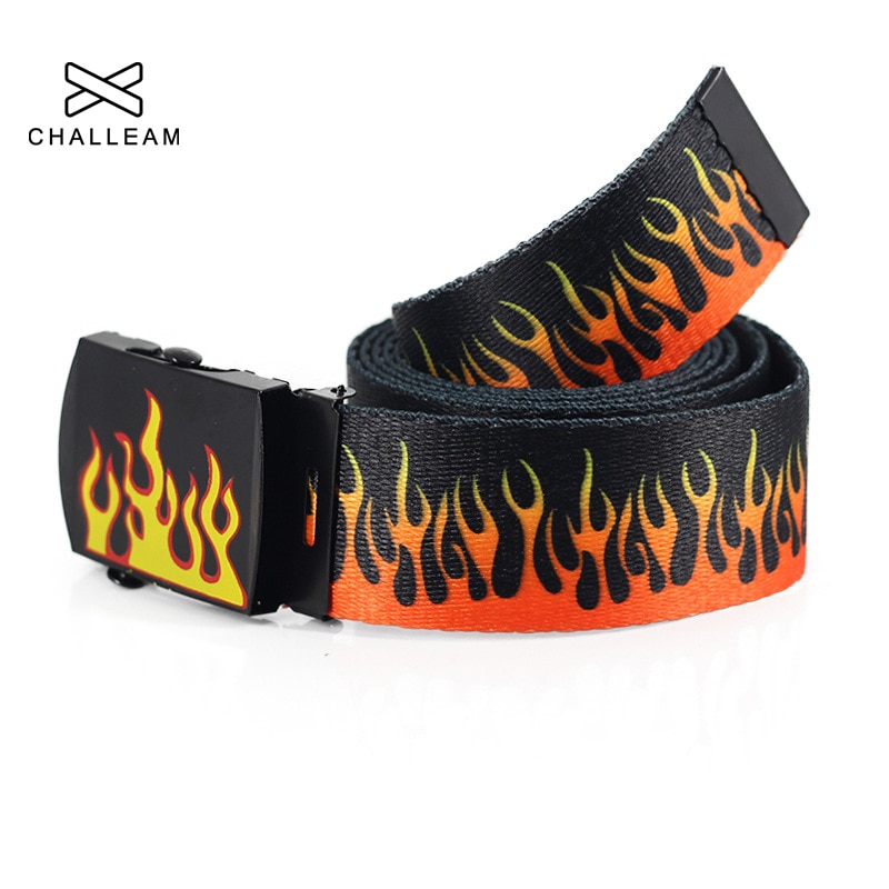 Ceinture longue imprimée flamme pour hommes et femmes, unisexe, en toile unie, , Jeans, sangle à boucle métallique, 130cm, 379