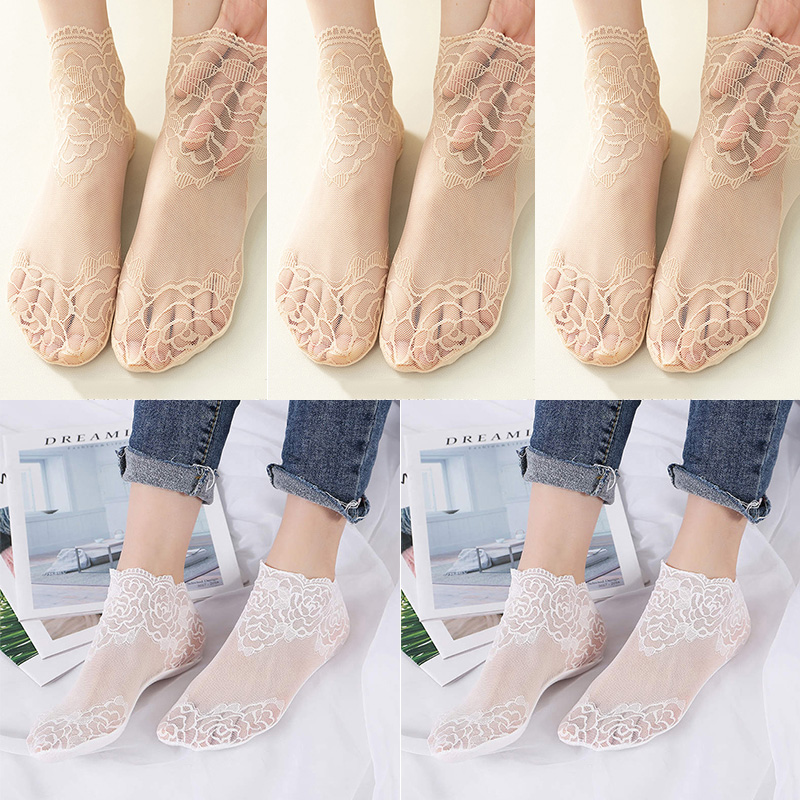calcetines mujer calcetines tobilleros mujer calcetines invisibles mujer verano Lolita-Calcetines invisibles de encaje para mujer, medias finas, transparentes, antideslizantes y poco profundas, lote de 5 pares: Marfíl