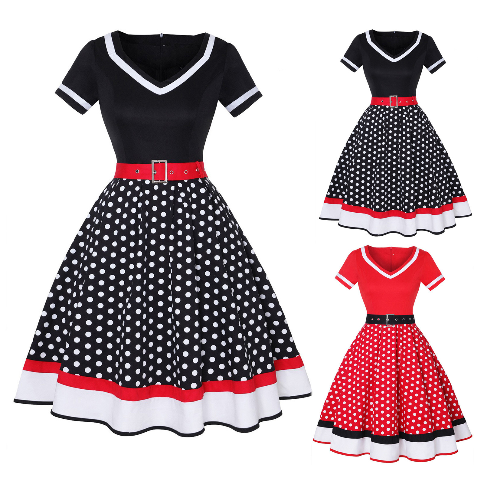 Vintage Women's Hepburn Dress Short Sleeve V Neck Polka Dot Swing Cocktail Dress 50s Rockabilly Female A-Line Dress