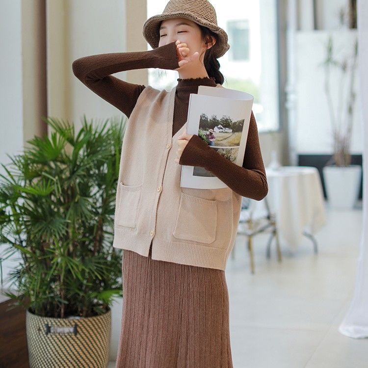 Sweater Vest Women Pocket Solid Simple Korean Knitted Open-stitch All-match Preppy Style Loose V-neck Sleeveless: light khaki