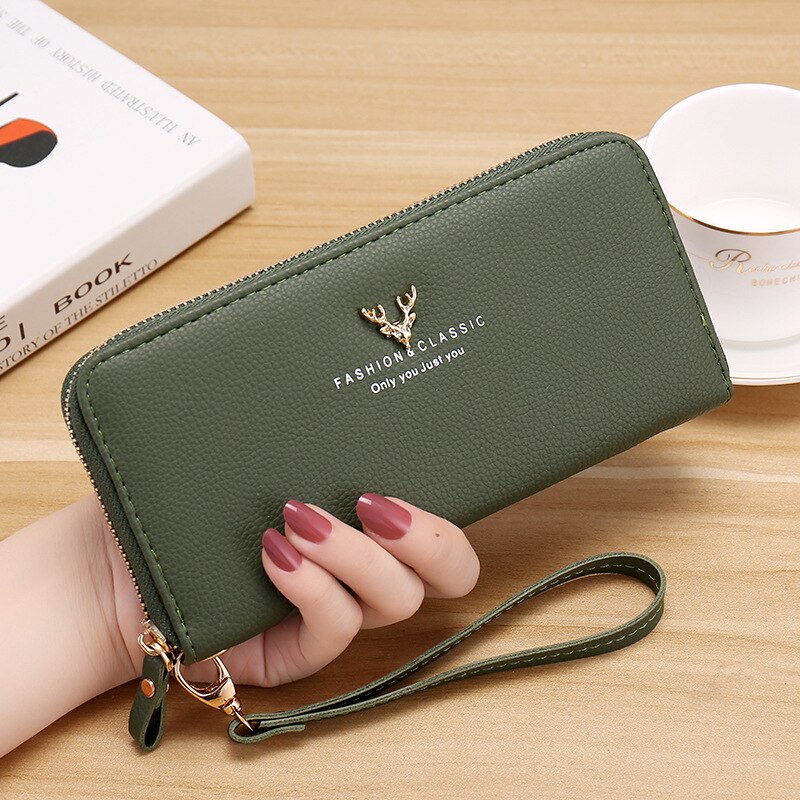 Womens Clutch Wallets PU Leather Purses Female Wristband Leaf Print Long Women Purse Large Capacity Bag Women Wallet: C079-25 dark green