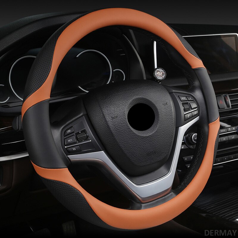 Dermay 6 Kleuren Auto Stuurhoes Micro Fiber Lederen M Size Fit 96% Auto &#39;S Splitsen Kleur Met Ademende Gaten Instal: Bruin