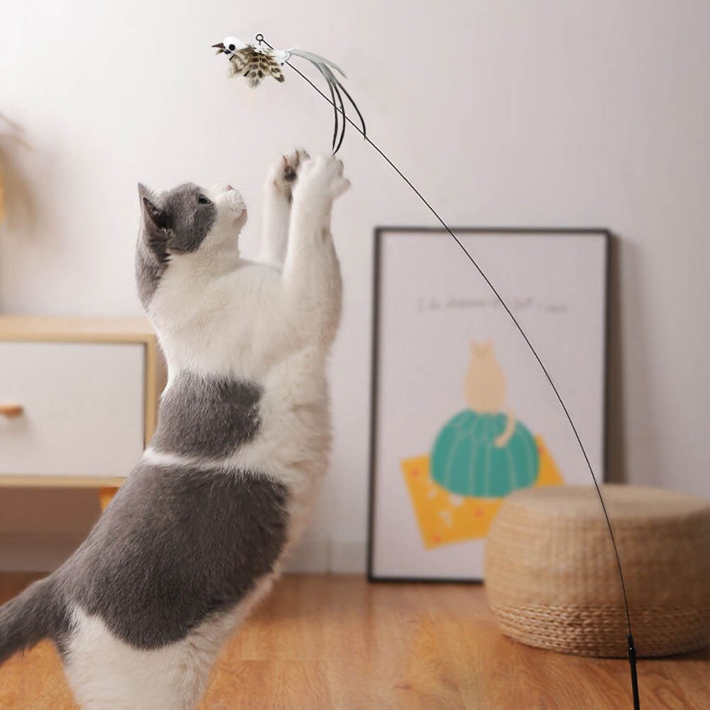 Simulatie Vogel Kat Speelgoed Interactieve Grappige Veer Vogel Met Bell Sucker Kat Stok Speelgoed Katje Spelen Teaser Wand Speelgoed Voor katten