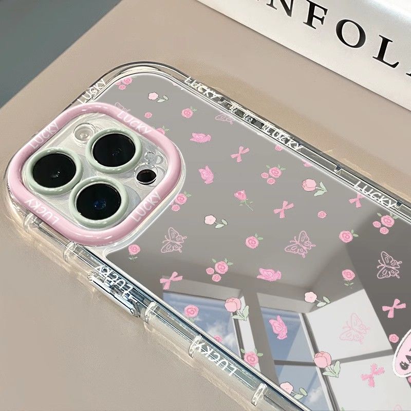Funda de teléfono con espejo y lazo de flor rosa Simple para iPhone 16 15 14 13 12 11 Pro Max XR XS MAX 7 8 PLUS MINI Y2K, funda a prueba de golpes