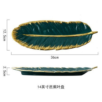 Luksus keramisk tallerken opbevaringsbakke med glodkant grøn blad glod fjer smykker makeup børste opbevaring dekorativ sushi plade: Mørkegrøn  - 14 tommer