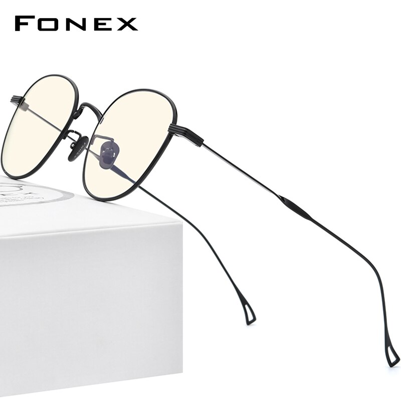 FONEX Titanium Anti Blauw Licht Blokkeren Computer Bril Vrouwen Kleine Gezichten Retro Ronde Filter Ogen Brillen Mannen 8554AB: Black