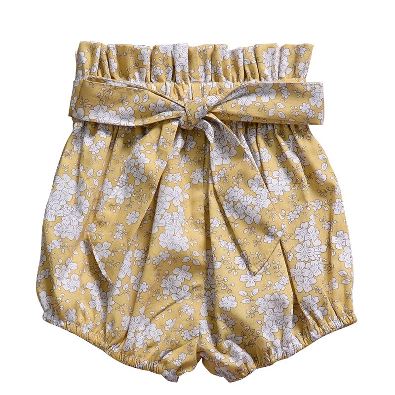 Pantalones cortos con volantes y lazo para niñas, Shorts con estampado Floral a cuadros, cintura elástica, PP, de verano, europeos y americanos