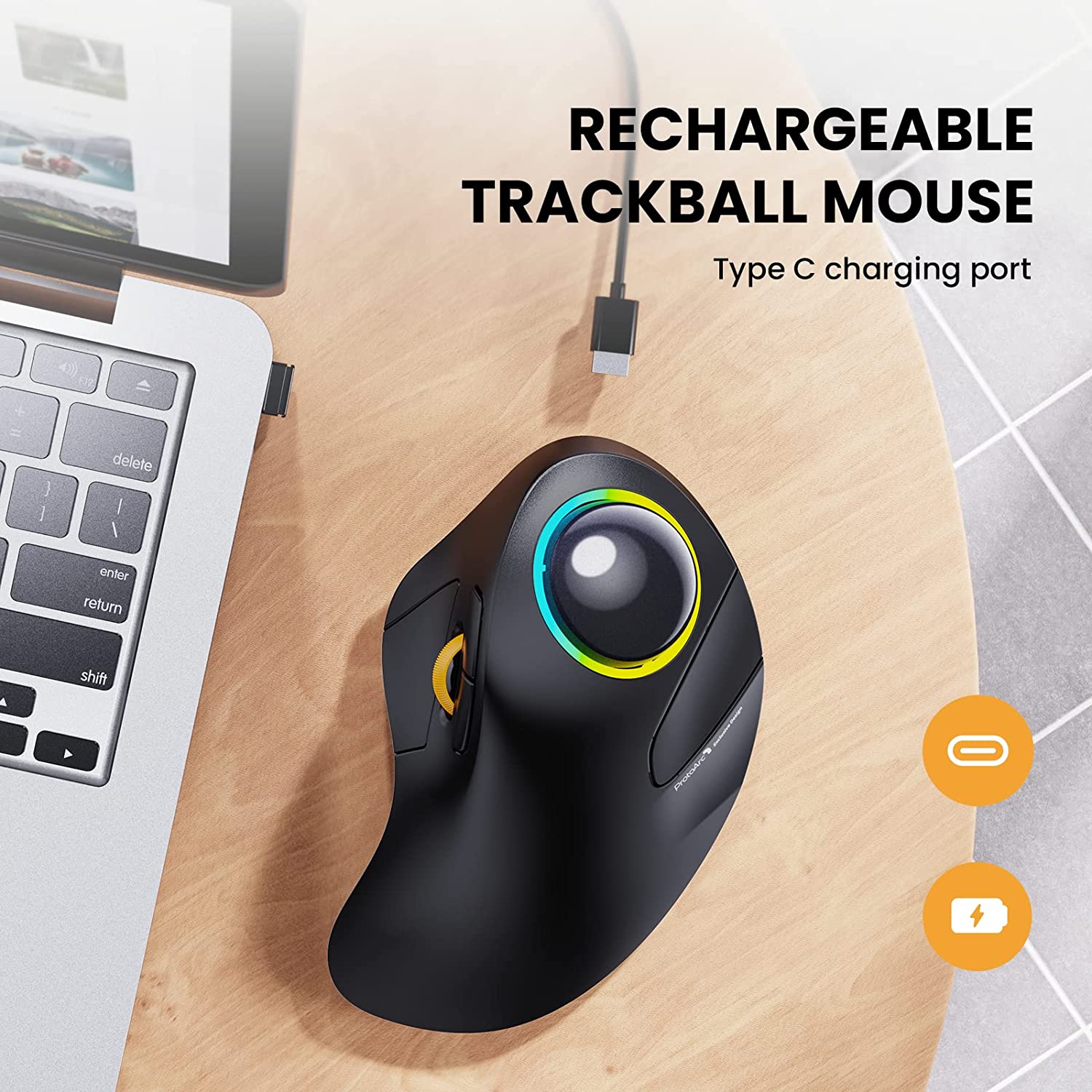 ProtoArc EM03 Draadloze Bluetooth Trackball-muis Oplaadbare ergonomische RGB-achtergrondverlichting Rollerball-muizen voor Windows Mac iPad