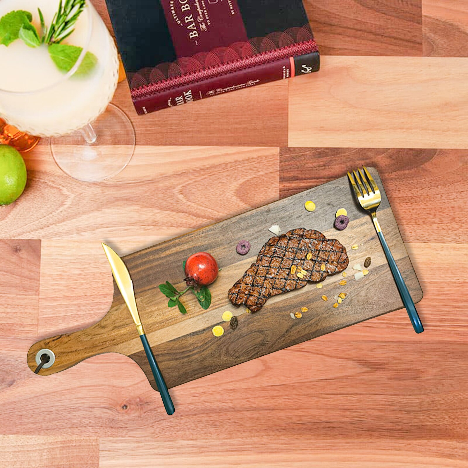 Steak Wood Serving Board Charcuterie Acacia Wood Cutting Board Steak Plate with Handle for BBQ and Grill Wooden Serving Tray