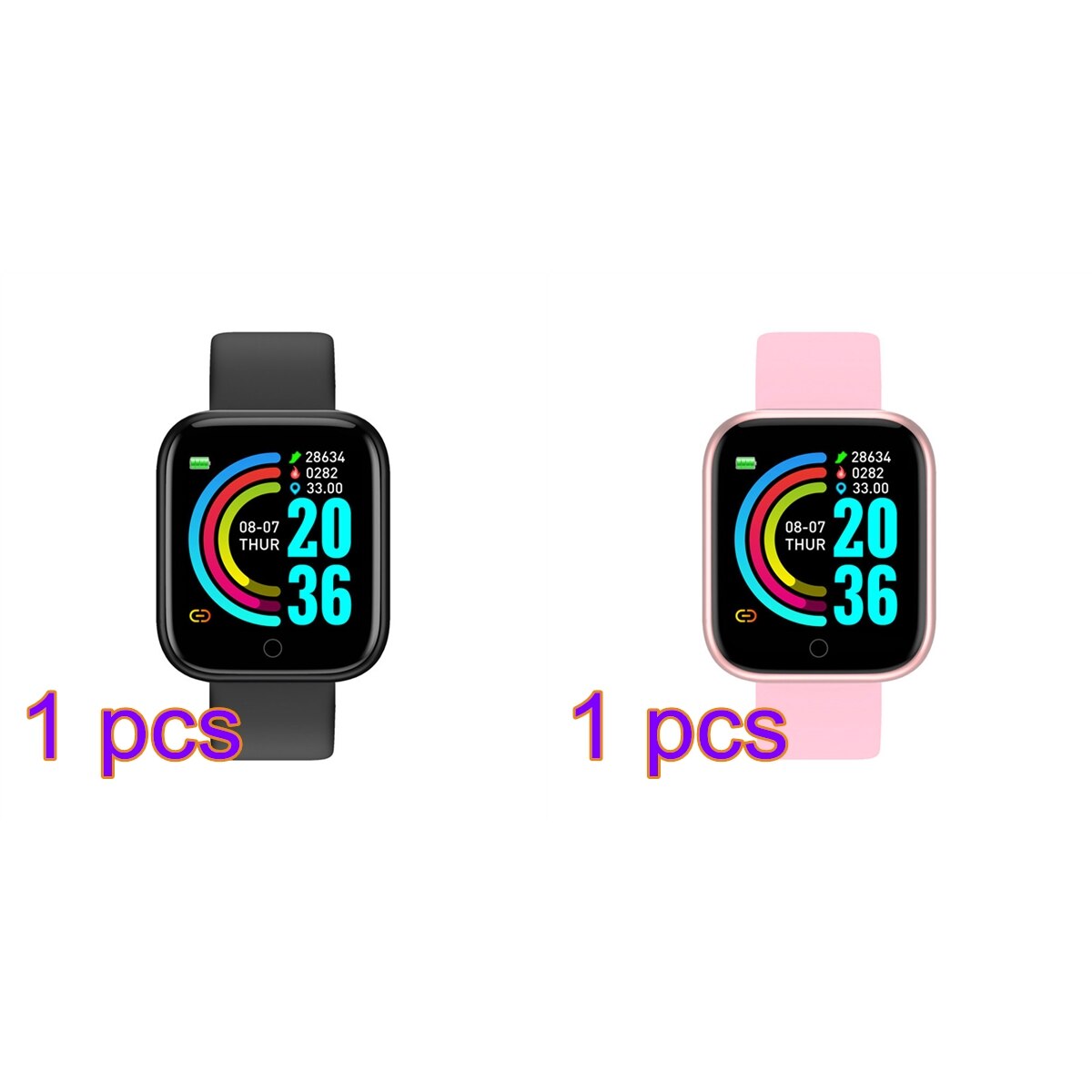 2 PCS Y68 Smart Watches D20 Fitness Tracker Blood Pressure Smartwatch Heart Rate Monitor Bluetooth Wristwatch for IOS Android: black and pink