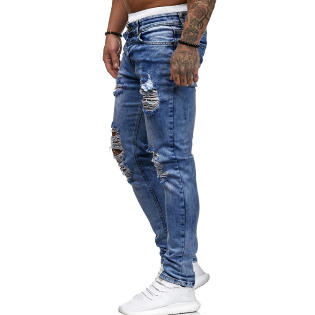 Jeans Men Ripped Skinny Jeans Blue Pencil Pants Motorcycle Party Casual Trousers Street Clothing Denim Man Streetwear L3