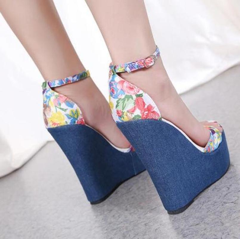 Womens Super High Wedge Platform Denim Jeans Heels Floral Printed Ankle Strap Sandals Shoes 16cm Pumps Roman Peep Toe B70