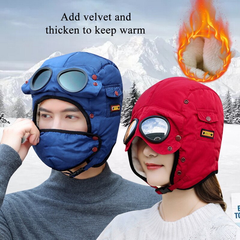 Men Women Winter Warm Cap Windproof Hat Cycling Windproof Earmuffs Face Protection Headgear with Removable Glasses and Mask