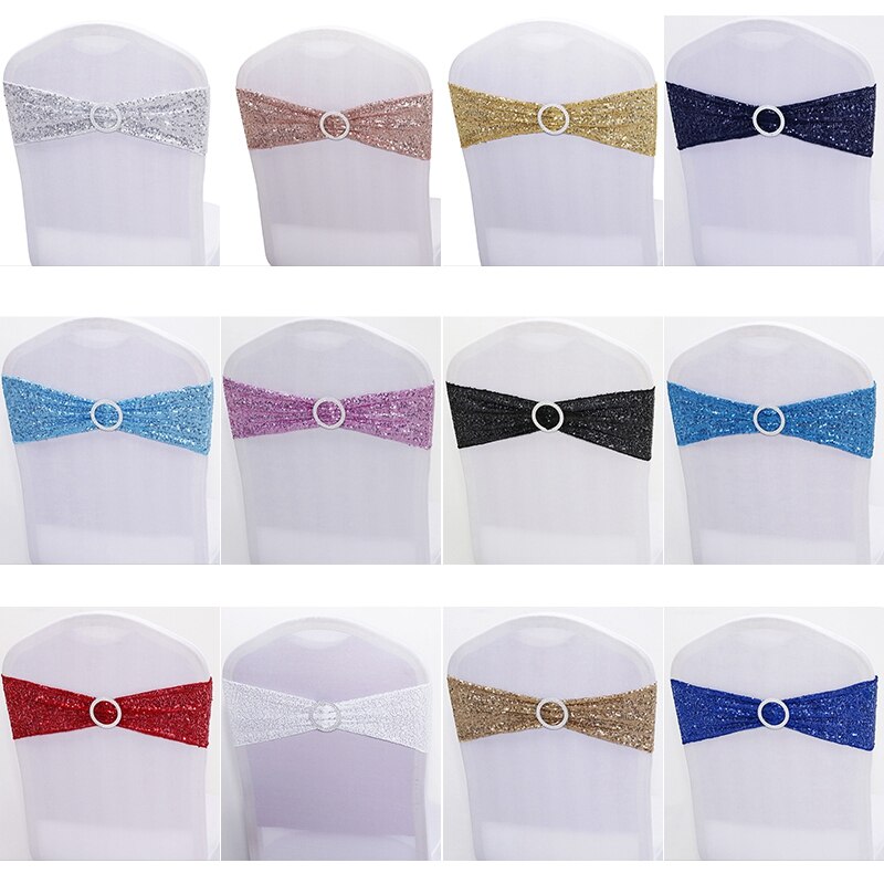 Sequin Chair Bands Stretch Spandex Chair Sash Band with Round Buckle for Wedding Events Banquet Decoration Party Supply
