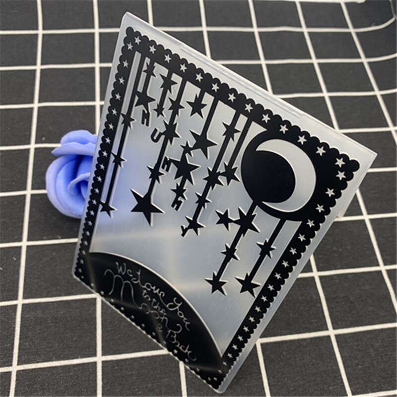 Rectangular lace border moon star hanging chain transparent plastic folding embossing board DIY handmade works background emboss