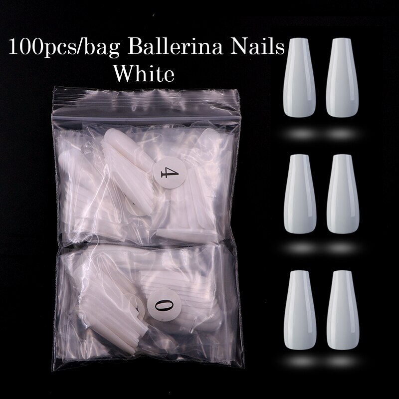 100 stk/opp lange ballerina negle kunstige kunstige negle klare/naturlige/hvide lange kiste negle spidser fuld dæksel aftagelig nail art: Hvid -100 stk