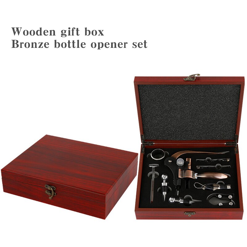 Red Wine Corkscrew Set 9 pcs/set Zinc Alloy Rabbit Shape Red Wine Opener Tools Luxury Wooden Box Packaging: Wooden Bronze