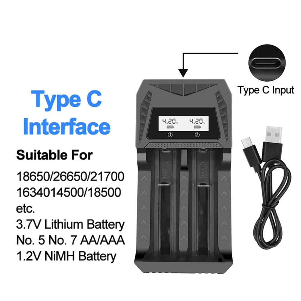 LCD Display Battery USB Charger 1/2/4 Slots For 18650 4.2V Rechargeable Lithium Battery For 1.2V NI-MH AA / AAA Battery Charger: black