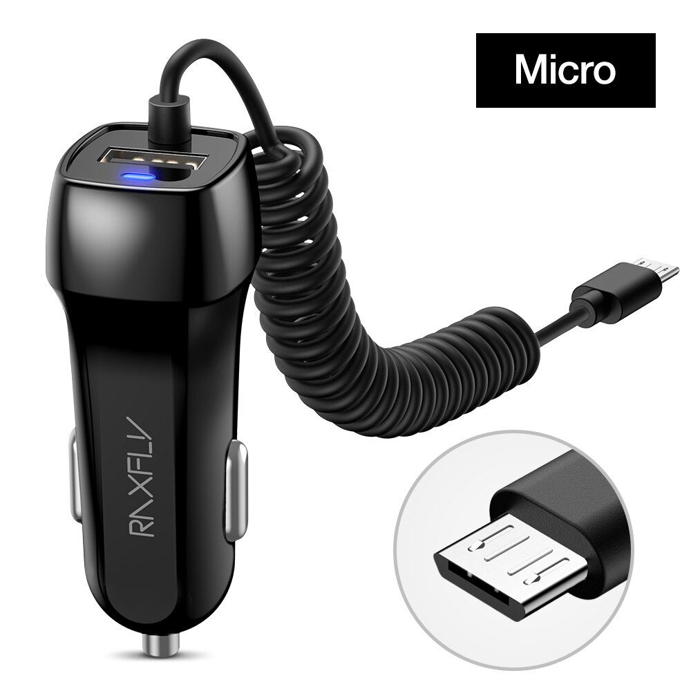 RAXFLY 10W USB Car Charger Micor Cable Car Cigarette Lighter Charger With Spring Lightning Cable USB Car Charger Type C Cable: Micro USB Cable