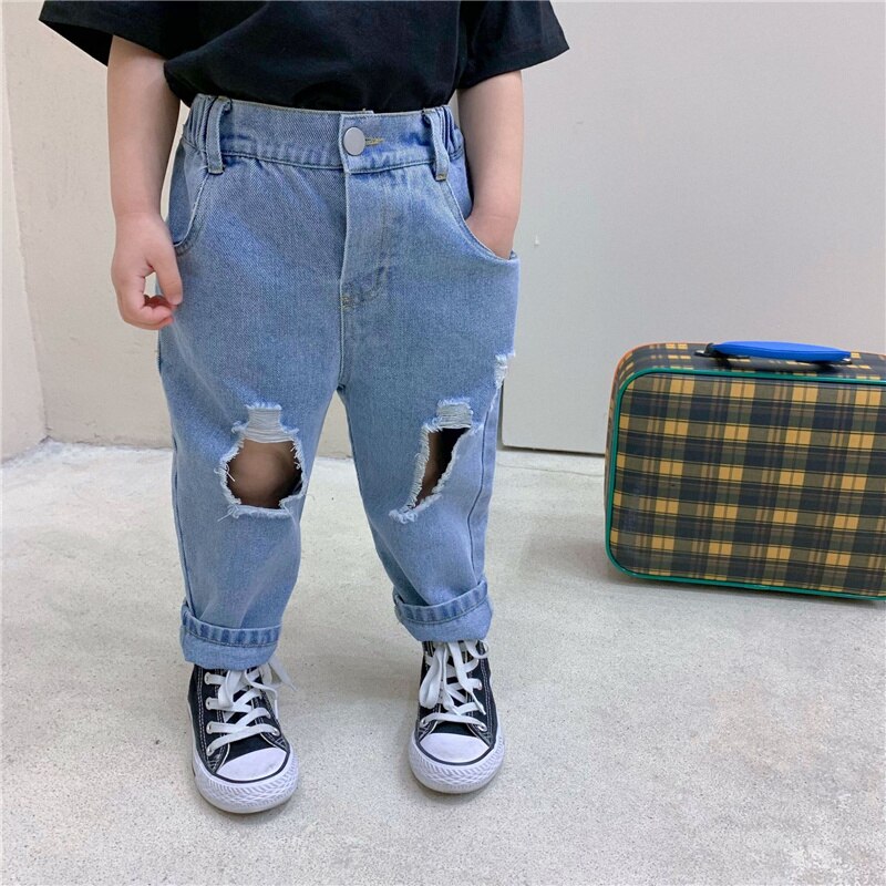 Lente Zomer Jongens Meisjes Jeans Baby Ripped Denim Broek Kinderen Gebroken Gaten Losse Denim Broek Kinderen Bodems Casual Mode
