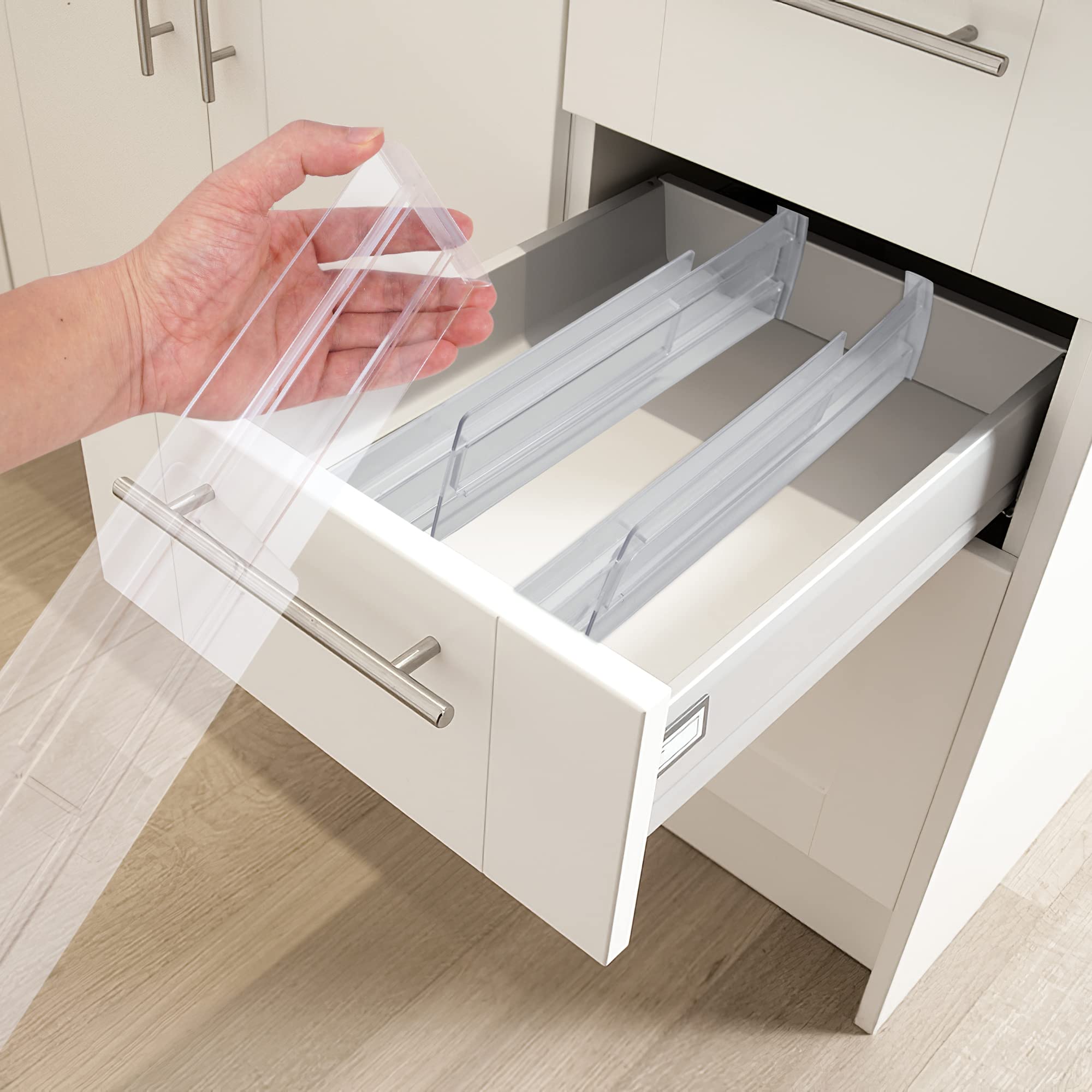 Organizadores divisores de cajones, separadores de cajones de plástico ajustables para ropa, utensilios de cocina, maquillaje, almacenamiento de oficina