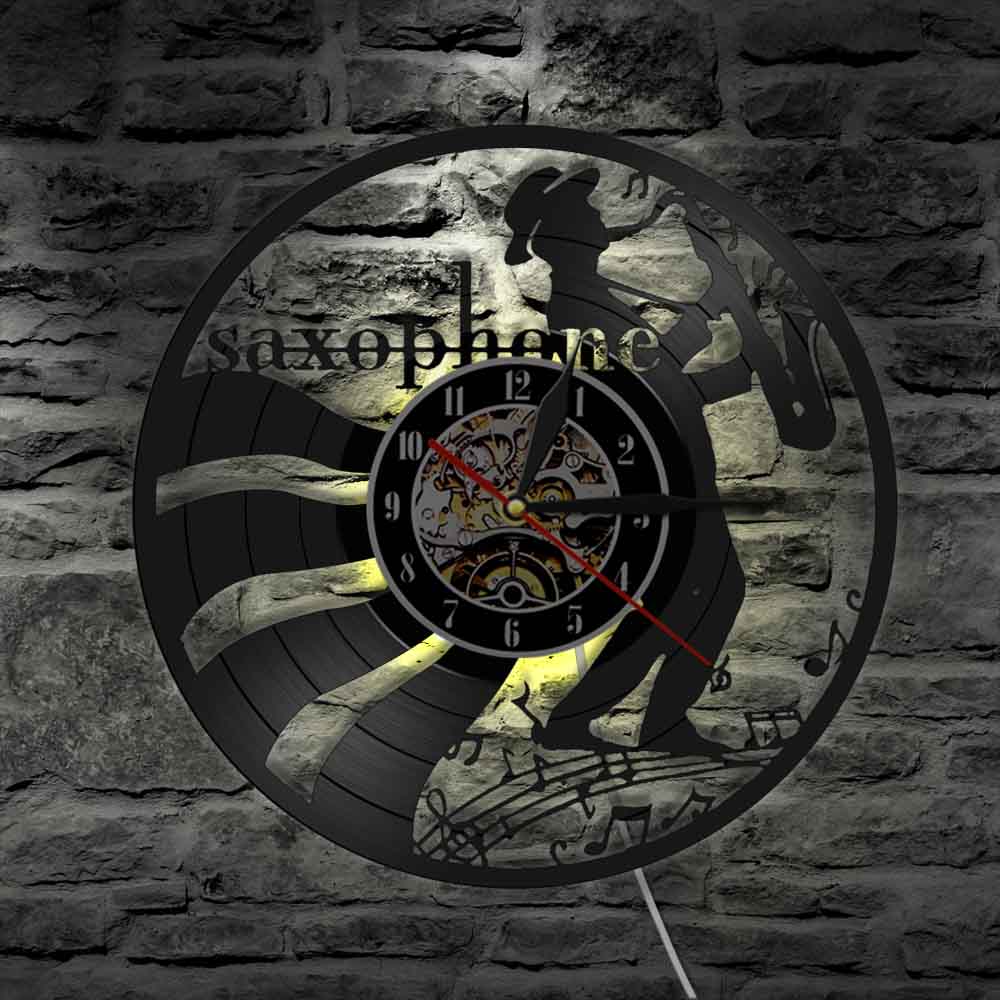 Jazz Saxofoon Vinyl Record Wandklok Muziekinstrument Led Wall Art Horloge Saxofonist Home Decor Sax Speler Muzikant