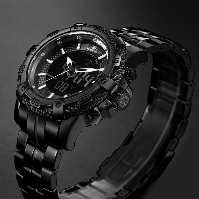 GOLDENHOUR-reloj analógico de acero inoxidable para hombre, accesorio de pulsera de cuarzo resistente al agua con doble pantalla, complemento Masculino de de lujo con clásico