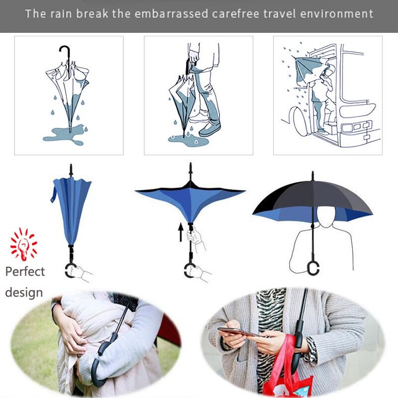 80 Cm Dubbele Laag Zelf Ondersteuning Paraplu Winddicht Opvouwbare Reverse Omgekeerde Regen Bescherming Inside Out C-Haak Auto Handsfree