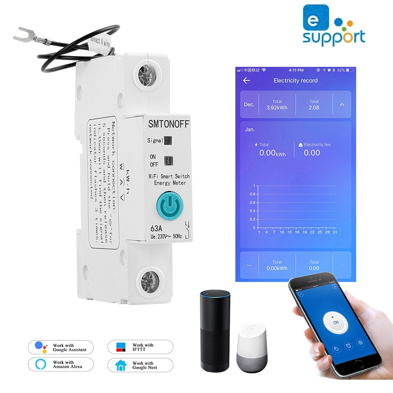 1P Eenfase Din Rail Wifi Smart Energy Meter Stroomverbruik Kwh Meter Wattmeter Met Alexa Voor Smart Home