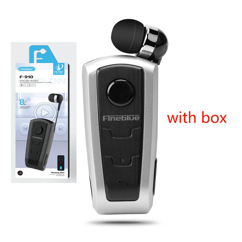 FineBlue F910 Bluetooth Headset - Clip-on, Vibration Alarm, Retractable Cord, Hands-Free Calling: F910--S-BOX