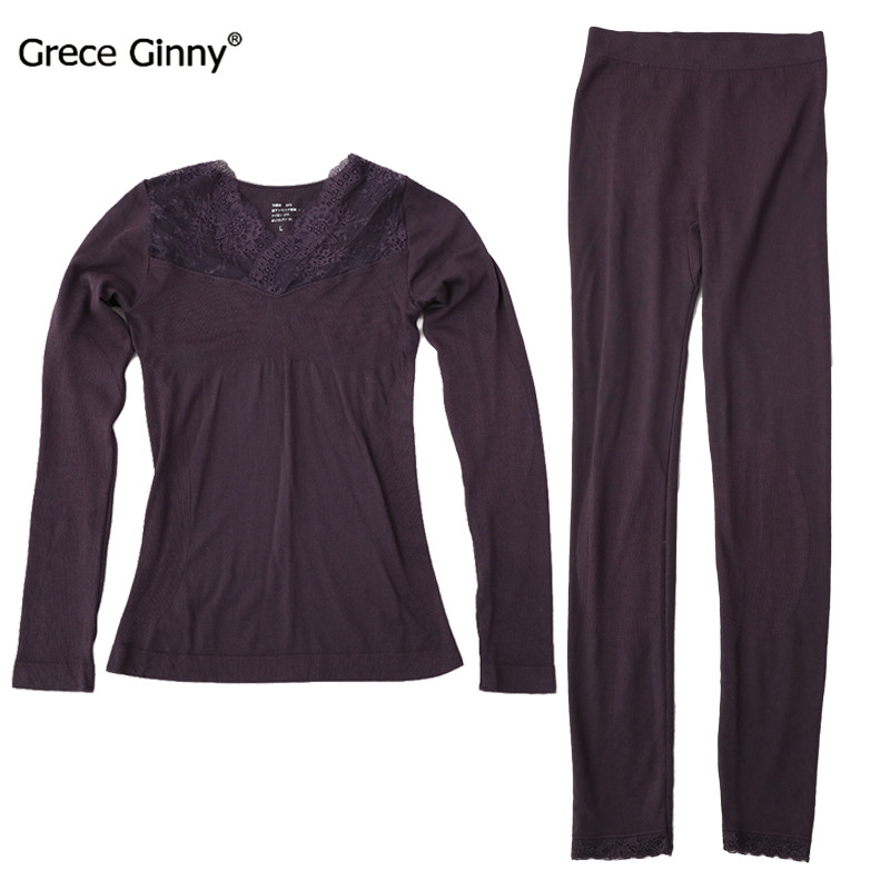 Høst og vinter dame frotté sett blondere side v-hals slank tynn termisk undertøy høst klær: Lilla