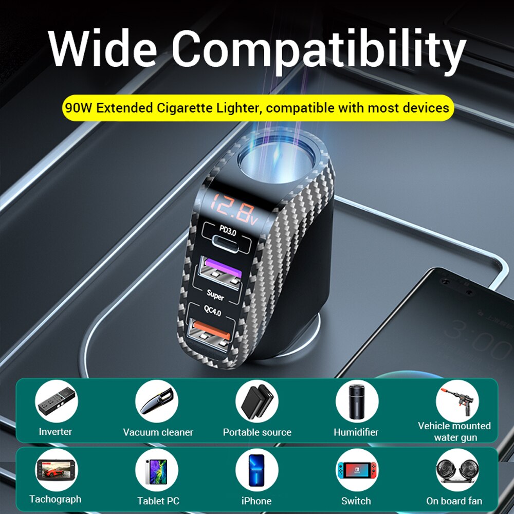 Asome Technik usb Auto ladegerät mit 90w zigaretten anzünder erweiterungs anschluss pd scp fcp schnell ladung für iphone samsung huawei