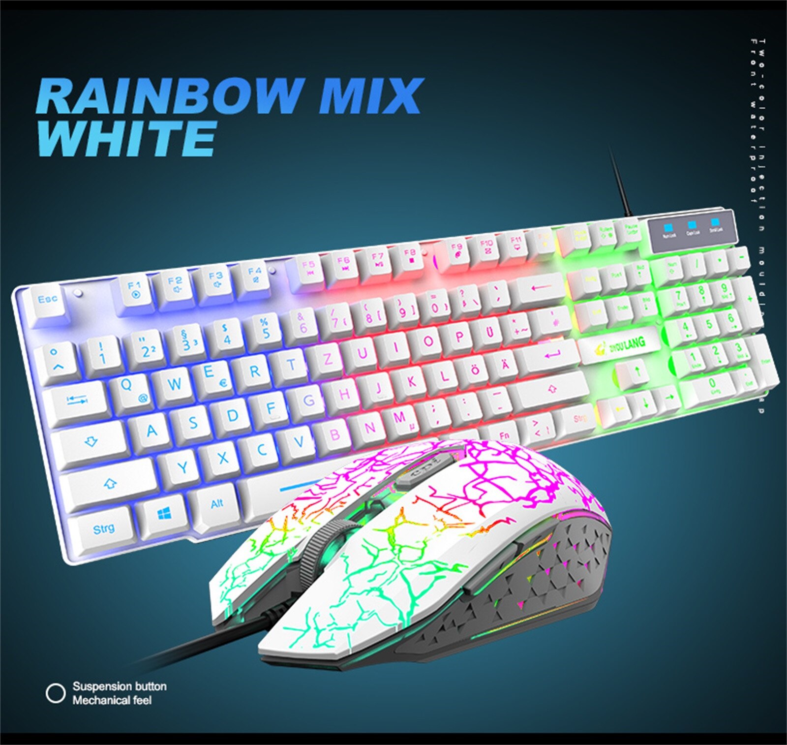 keyboard and mouse set T13 rainbow backlit USB ergonomic gaming keyboard and mouse set for PC laptop: WH