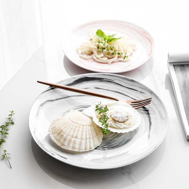 Marmorerede keramiske retter fest serveringstallerken nordisk stil cirkel marmoreret service restaurant bøf flad tallerken rund tallerken