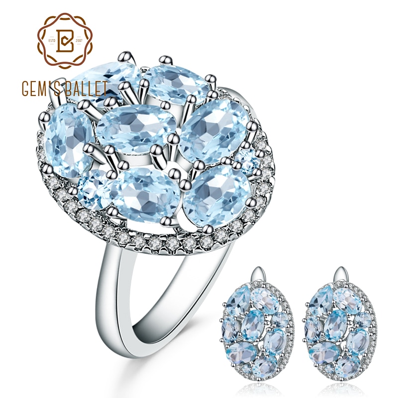 Perle's ballet 11.40ct ovale naturlige himmelblå topas klassiske ædelsten smykker sæt 925 sterling sølv øreringe ring sæt til kvinder