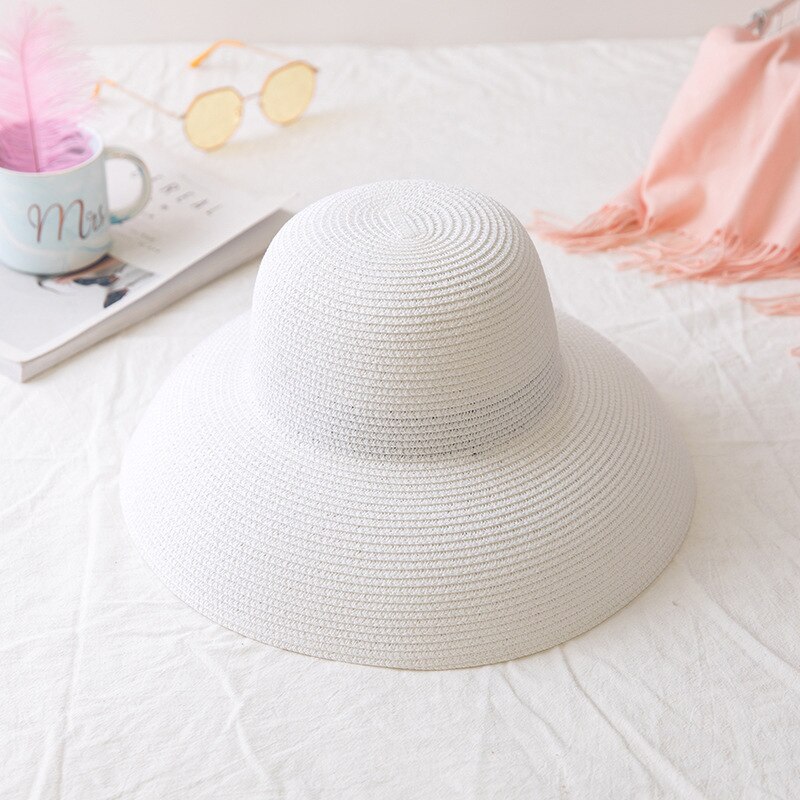 Hepburn Style Summer Japanese Straw Hat Sunken Bell-shaped Big Eaves Beach Hat Vintage Fold Fisherman Cap Atmosphere: White