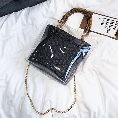 Summer Small Handbag Transparent Women Hand Bags Chain Straw bag Lady Travel Beach Shoulder Cross Body Bag Sequins: Black