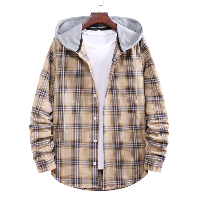 lässig Mit Kapuze Kariertes Hemd Männer Hemden Mit Langen Ärmeln Neue Frühling Herbst Plus Asiatische Größe M-5XL: Kakifarbig / XL