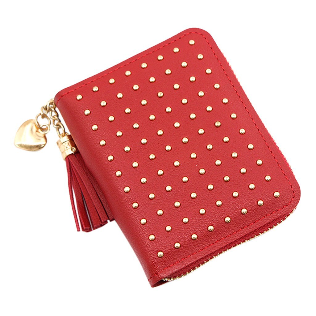 Kwastje Portemonnee Vrouwen Kleine Leuke Portemonnee Leer Klinknagel Vrouwen Portefeuilles Rits Portemonnees Portefeuillesubsidies Vrouwelijke Clutch Cartera Mujer: WINE RED