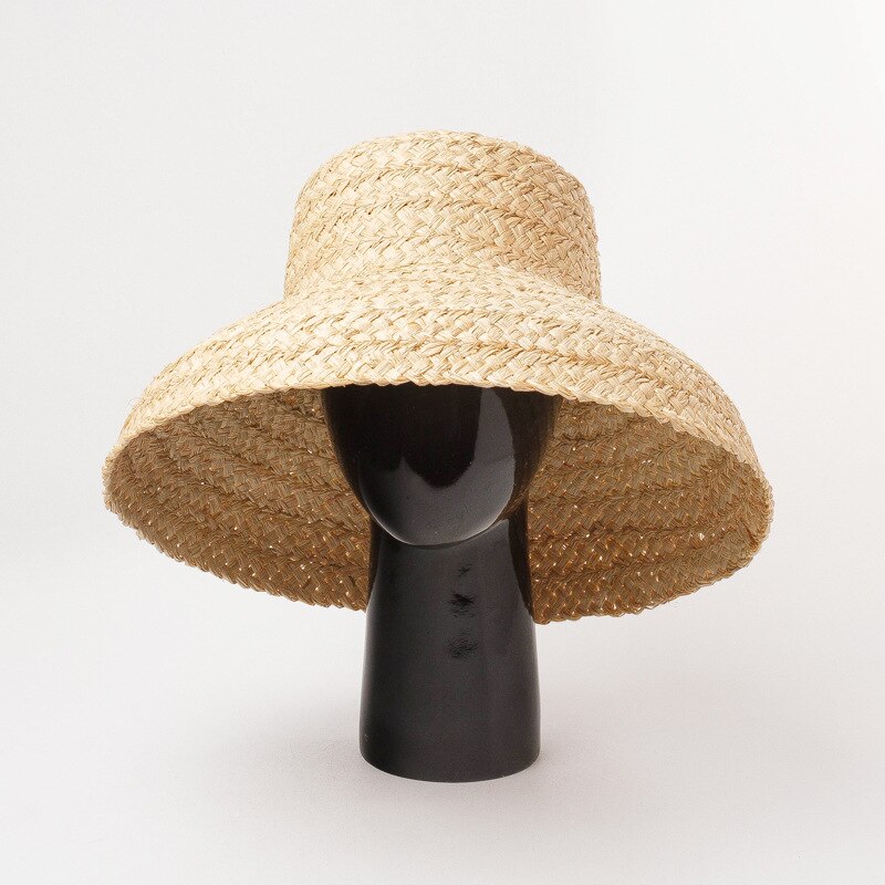 Sommarhattar för kvinnor retro platt hängande hatt brätte handgjord raffia stråhatt dam utomhus solskydd strand halmhatt