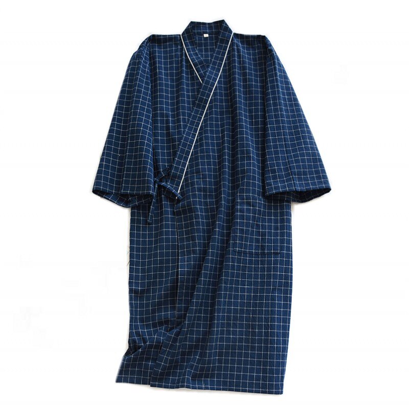 Bata de baño de algodón 100% para hombre, Kimono de estilo japonés, a cuadros, de gasa, suelta, ropa de dormir humeante