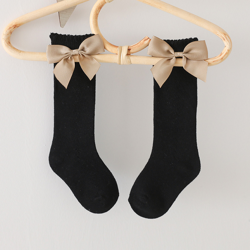 Chaussettes mignonnes pour bébé fille, avec nœud, en maille, pour -né, en coton, de couleur unie, pour enfants de 0 à 3 ans: black