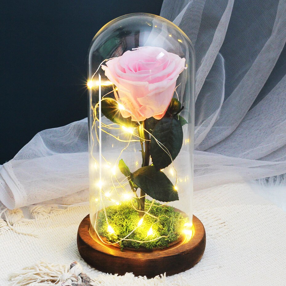 Torkade blommor konserverade rosor i glasskåpa med nattljus ornament bröllop alla hjärtans dag jul år heminredning