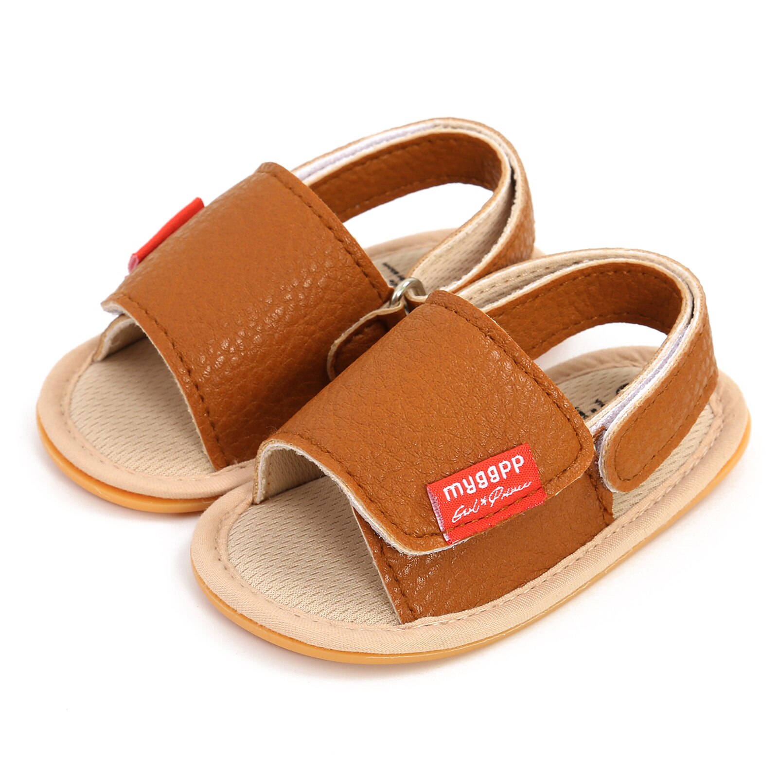 Sandales pour bébé solides/léopard, chaussures plates d'été légères antidérapantes avec fermeture à pression et boucle de talon: Marron / 0-6Months
