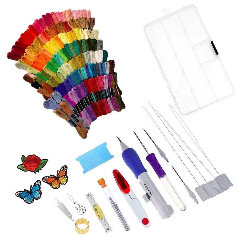 Embroidery Starter Kit Full Set-Magic Embroidery Pen Punch Needle,Hoops,Threads,Stitching Punch Pen Set Craft Tool for Beginner