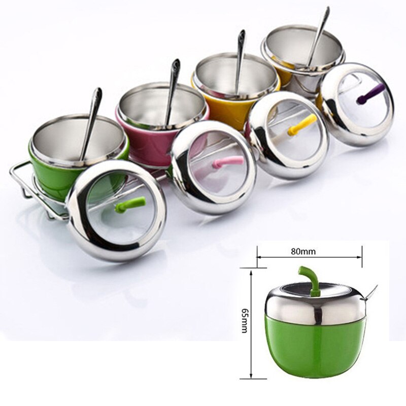 304 Stainless Steel Seasoning Box Jars Apple Shaped Salt Pepper Sugar Can Seasoning Bottle Storage Containers Kitchen Supplies