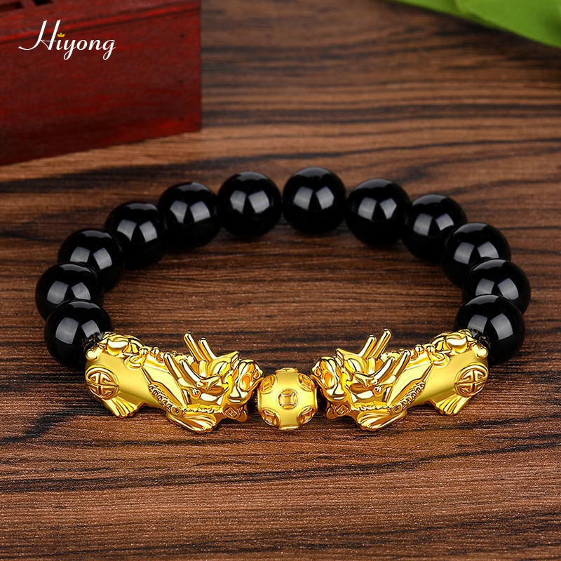 Zwart Obsidiaan Steen Kralen Armband Bixie Feng Shui Armband Goud Kleur Boeddha Geluk Rijkdom Armbanden Voor Vrouwen Mannen Sieraden: Feng Shui Bracelet 8